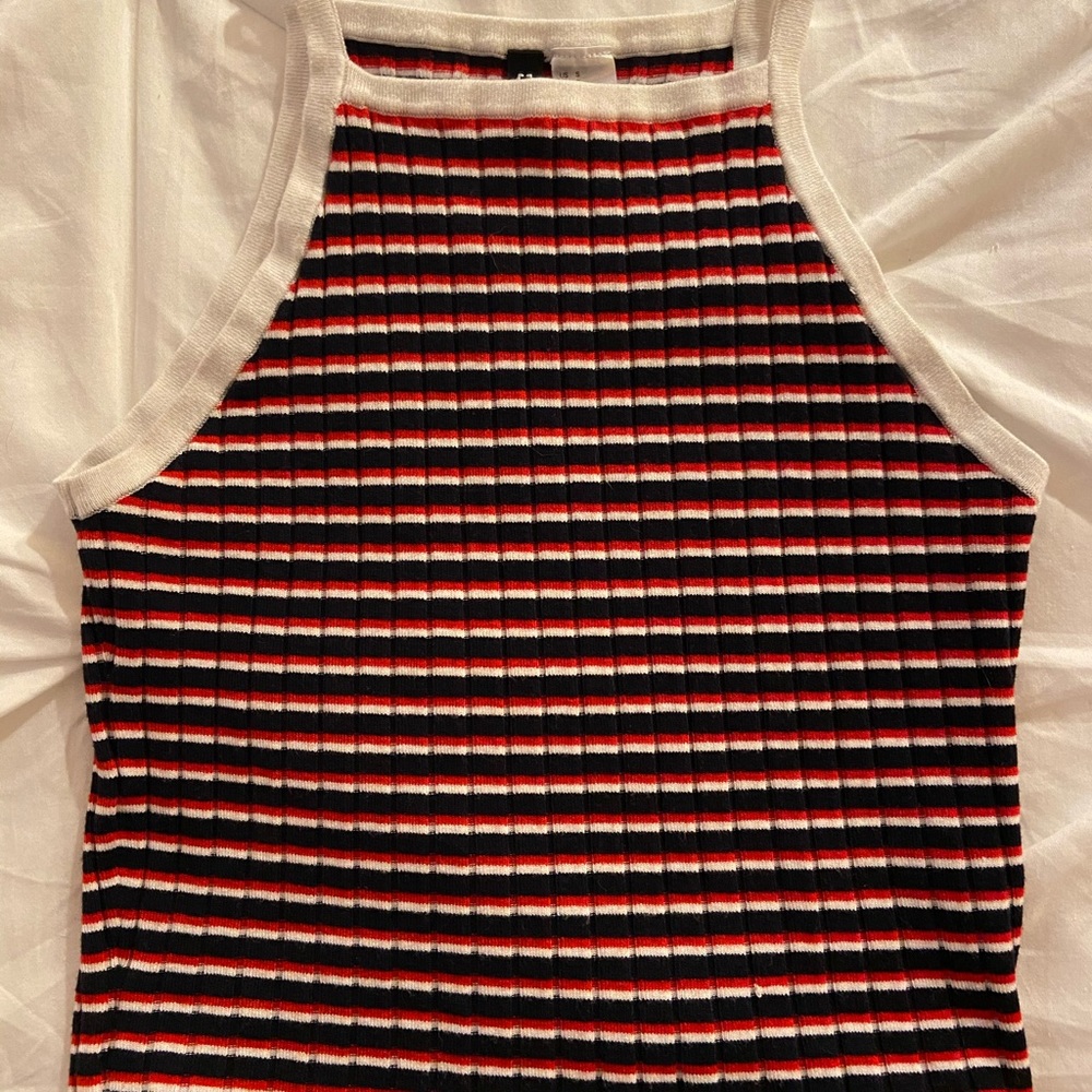 Red, white, and black tank top.